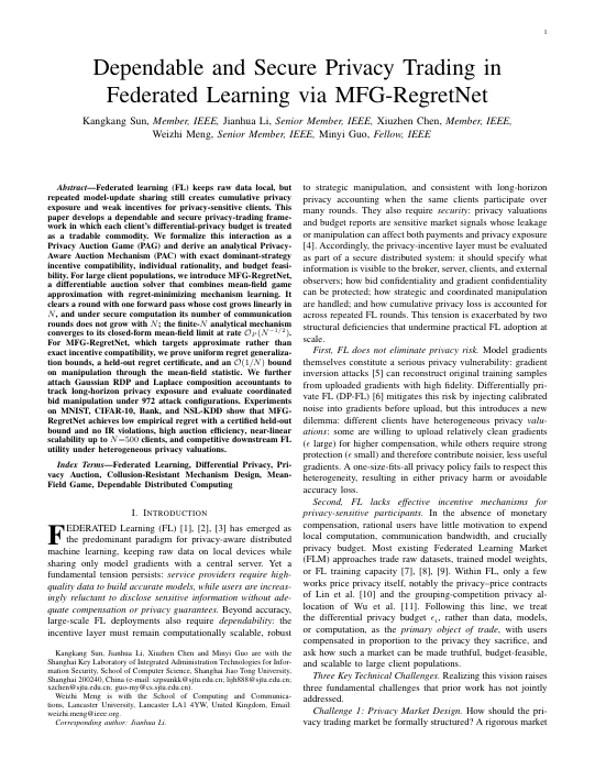 First page of the MFG-RegretNet manuscript, showing its title, authors, abstract, and introduction.